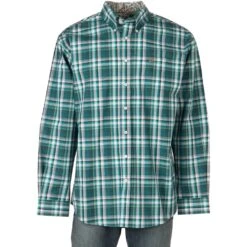 Cinch Mens Teal/Black Plaid Long Sleeve Button Up Shirt