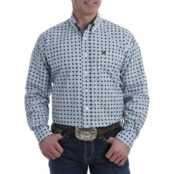 Cinch Men's Blue Printed Long Sleeve Buttondown