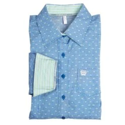 Cinch Women's Blue And White Gingham With Green Dot Print Button Down Western Shirt