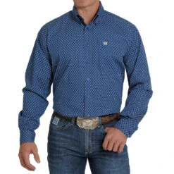 Cinch Men's Royal And Black Print Long Sleeve Buttondown