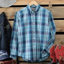 Boys Cinch Navy, Turquoise & Blue Plaid Button Down Shirt