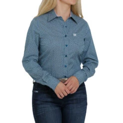 Cinch Women's Teal Print Long Sleeve Button Down Shirt