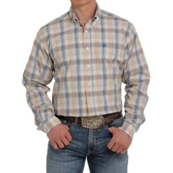 Cinch Men's White And Gold Plaid Buttondown