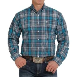 Cinch Men's Teal & Navy Plaid Long Sleeve Shirt