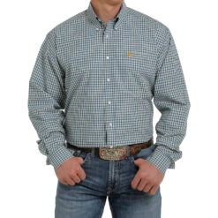 Cinch Men's Teal & Gold Plaid Long Sleeve Buttondown
