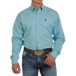 Cinch Men's Light Blue Print Long Sleeve Buttondown With Stretch