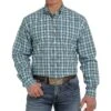 Cinch Men's White & Teal Plaid Long Sleeve Buttondown