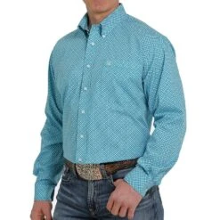 Cinch Men's Blue & Teal Print Long Sleeve Buttondown