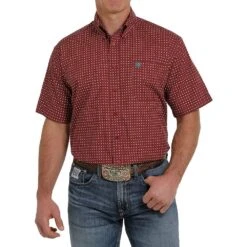 Cinch Men's Red & White Print Short Sleeve Buttondown