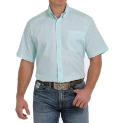 Cinch Men's Light Blue Print Short Sleeve Buttondown