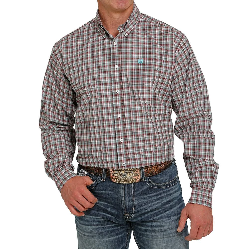 Cinch Men's Burgundy And Blue Plaid Button-Down Western Shirt 1 Cinch Men's Burgundy And Blue Plaid Button-Down Western Shirt
