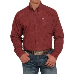 Cinch Men's Burgundy Geometric Print Long Sleeve Button Down