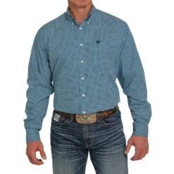 Cinch Men's Blue And Navy Printed Long Sleeve Button Down