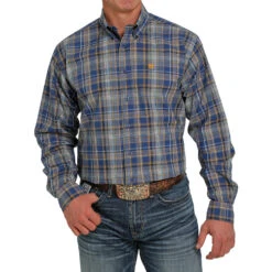 Cinch Men's Navy-Orange Plaid Button-Down Long Sleeve Western Shirt