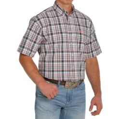 Cinch Men's Peach And Blue Plaid Short Sleeve Button-Down