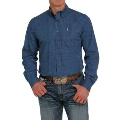 Cinch Men's Navy And Blue Geometric Print Button-Down Shirt