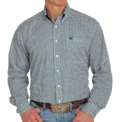 Cinch Men's Teal And White Printed Button-Down Shirt