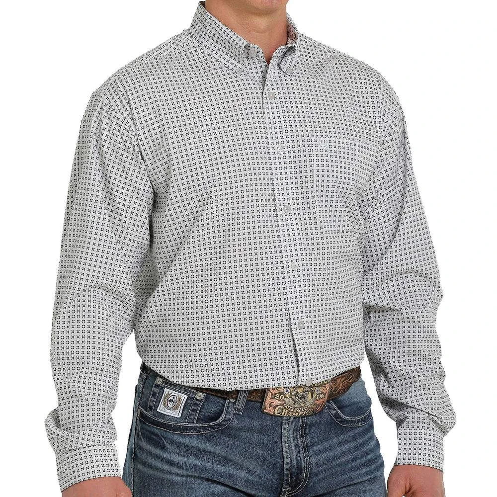 Cinch Men's White Geometric Print Arenaflex Long Sleeve Button Down 1 Cinch Men's White Geometric Print Arenaflex Long Sleeve Button Down