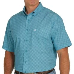 Cinch Men's Blue Geometric Short Sleeve Arenaflex Button Down
