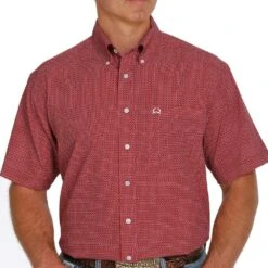 Cinch Men's Red Geometric Short Sleeve Arenaflex Button Down