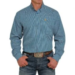 Cinch Men's Blue Printed Long Sleeve Button Down