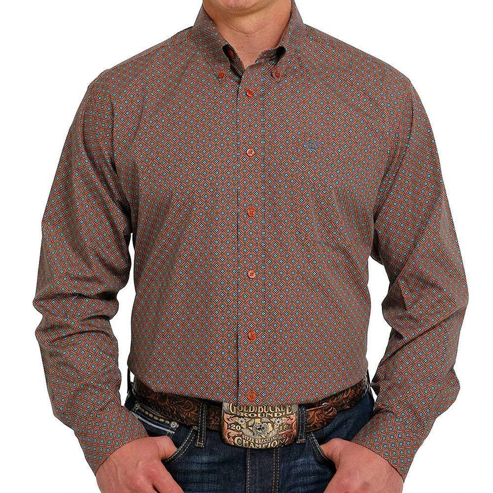 Cinch Men's Orange And Grey Print Button-Down 1 Cinch Men's Orange And Grey Print Button-Down