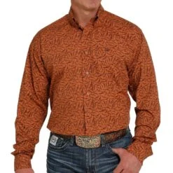 Cinch Men's Orange Print Button-Down