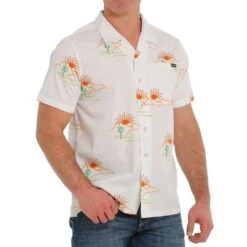 Cinch Mens White Sunset Cactus Button Down Shirt