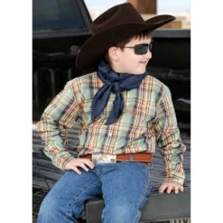 Cinch Boys Orange And Green Plaid Button Down Long Sleeve Shirt