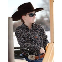 Cinch Boys Navy Paisley Printed Long Sleeve Button Down Shirt