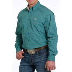 Cinch Mens Geometric Teal Print Button Down Long Sleeve Shirt