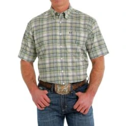 Cinch Mens ArenaFlex Green Multi Plaid Button Down Short Sleeve Shirt