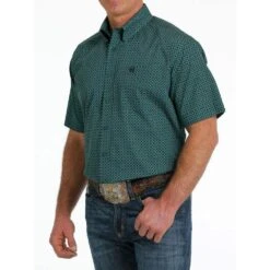 Cinch Mens Forest Green With Dark Pine Geo Print Short Sleeve Western Shirt