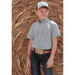Cinch Boys Printed Cotton Plain Weave Short Sleeve Button Down White Buttons