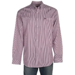Cinch Mens Burgundy Tencel Stripe Long Sleeve Button-down Shirt