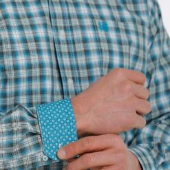 Cinch Men's White & Teal Plaid Long Sleeve Buttondown -Cinch MTW1105371 3