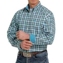 Cinch Men's White & Teal Plaid Long Sleeve Buttondown -Cinch MTW1105371 4