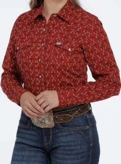 Cinch Cinch Women's Red Patterned Long Sleeve Shirt